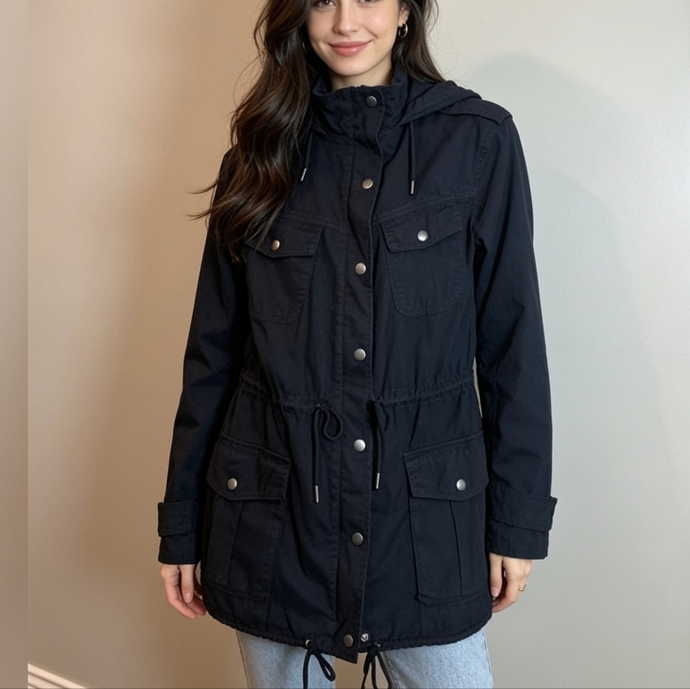 Azure Skies Hooded Utility Jacket Black Women’s XS Lightweight Anorak Coat